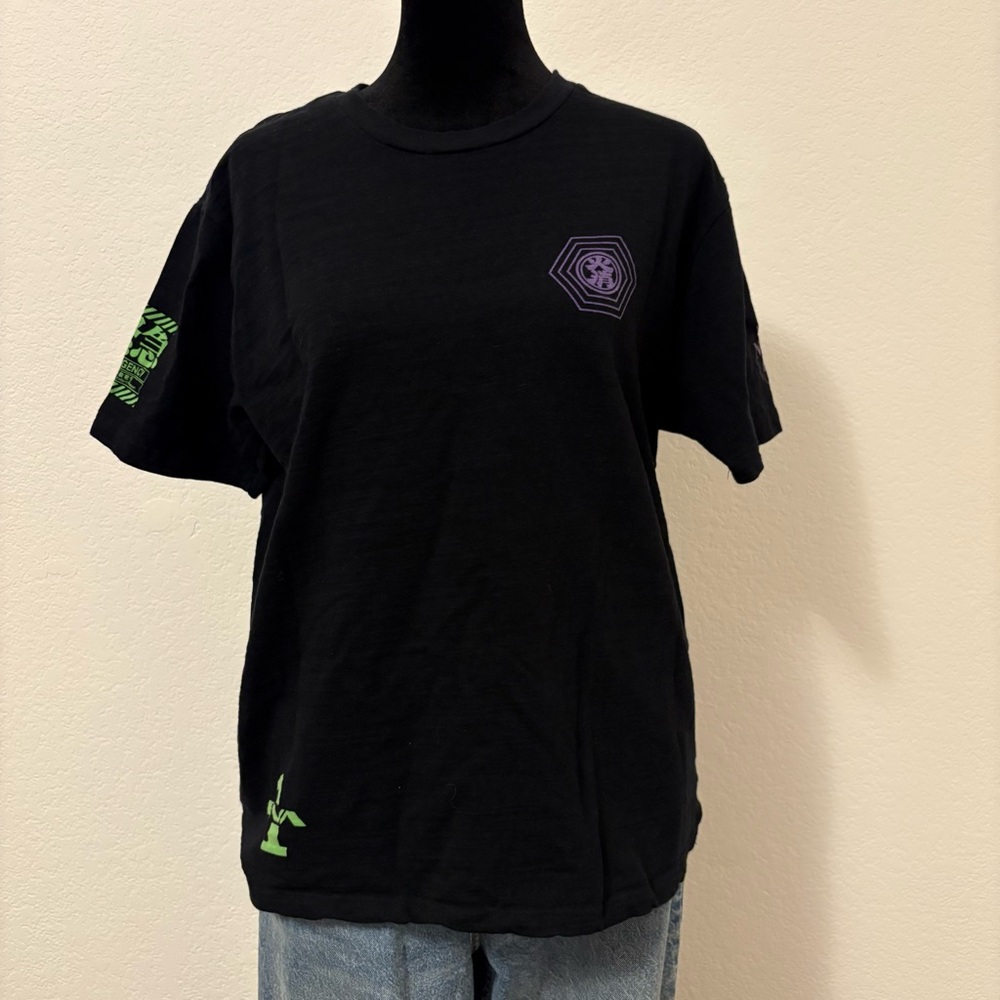 Japanese Graphic T-Shirt with Purple and Green Accents